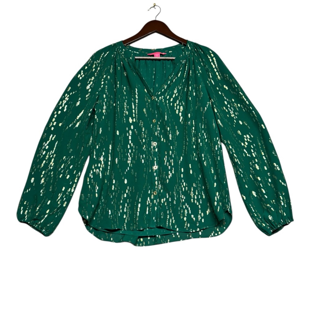 Lilly Pulitzer Saige Long Sleeve Silk Top NWOT Medium Sheer Sleeve Metallic Gold